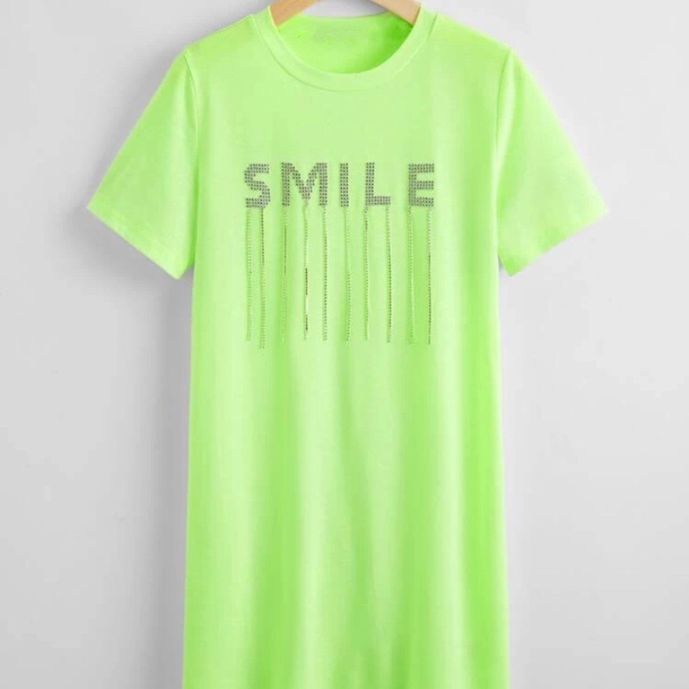 Neon Green Rhinestone Letter Fringe Details Dress